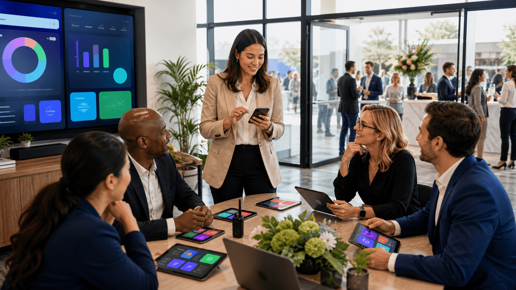 Futuristic event planning dashboard glows on a tablet beside colorful app icons and a conference badge.