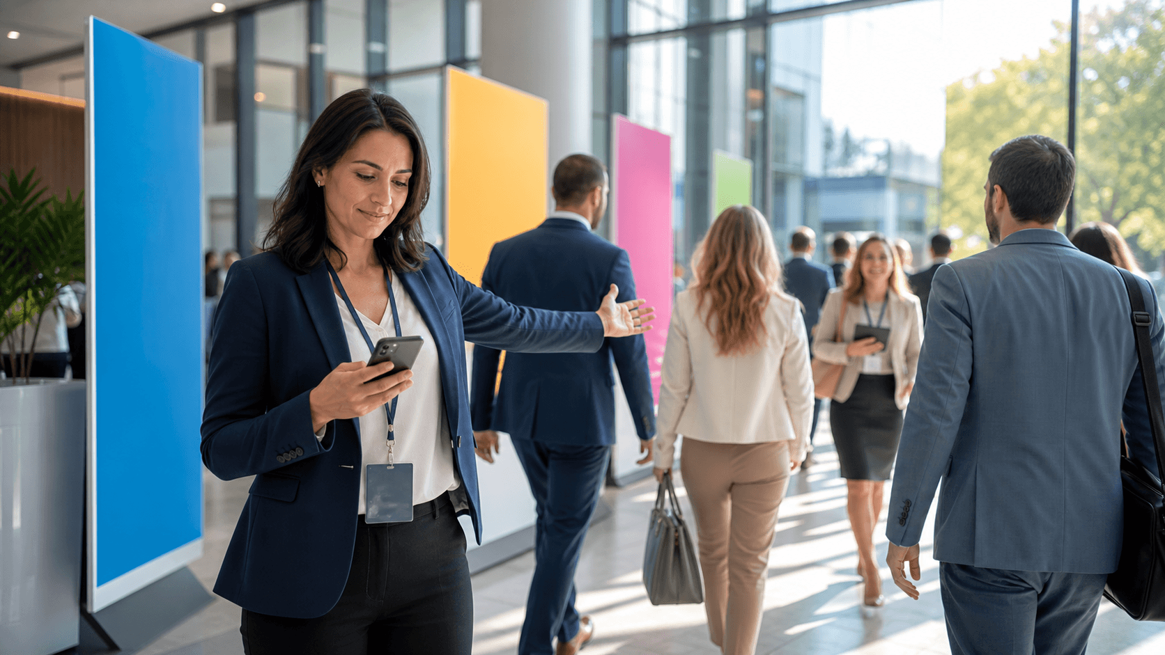 Attendees check smartphones displaying event messages in a bright, modern venue with directional signs.