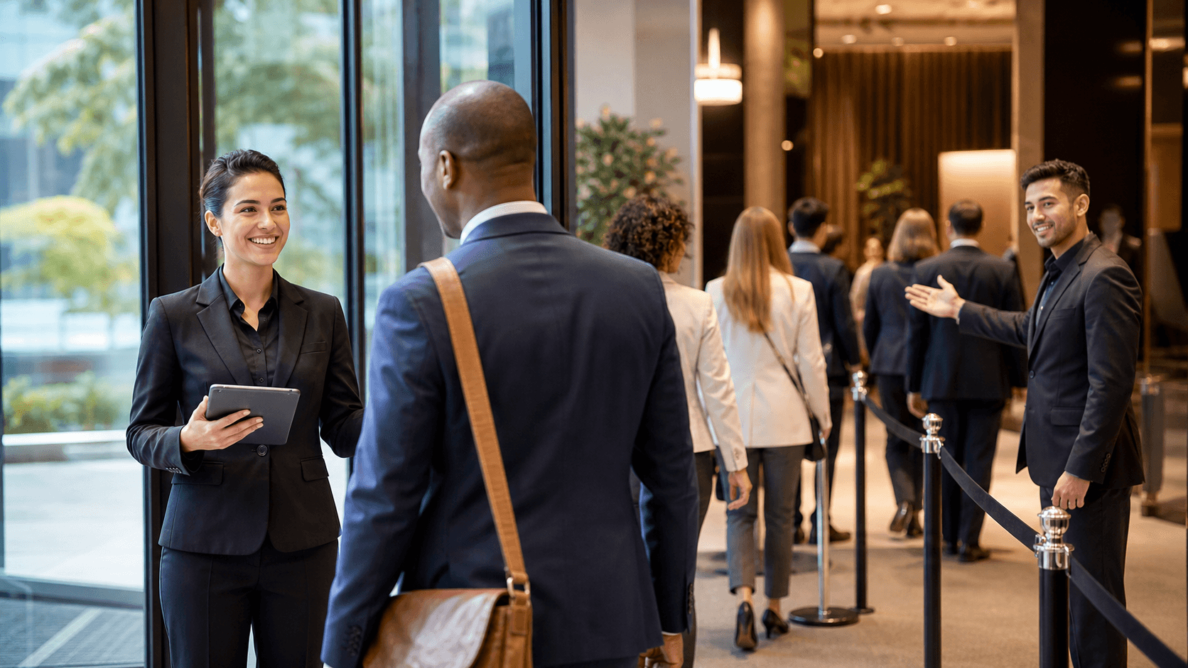 Event staff greet attendees at a bright registration desk with name badges and a tablet.